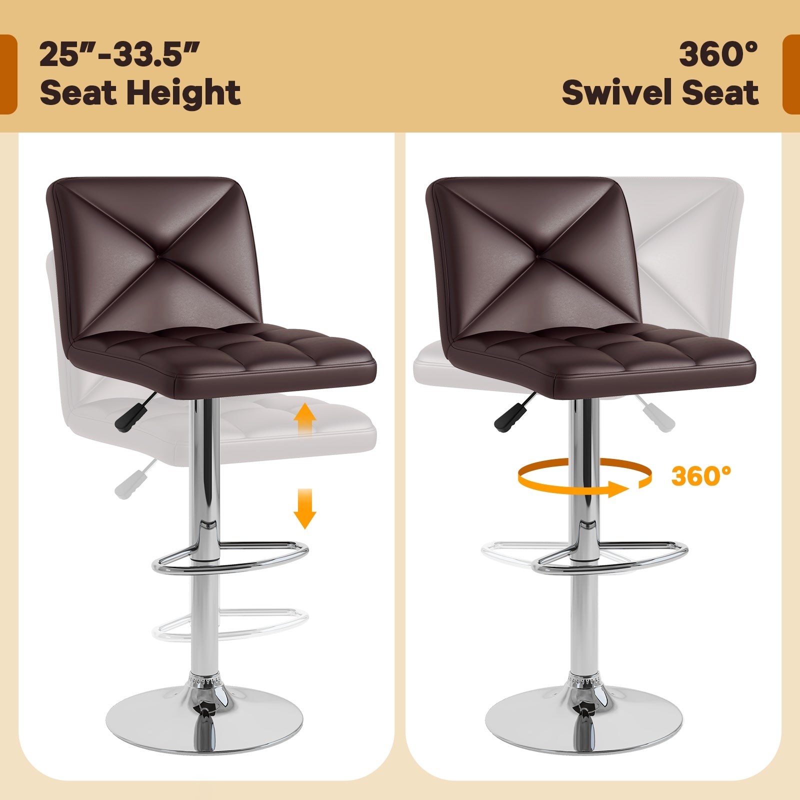 PU Leather Upholstered Bar Stools Set of 2 with Back and Adjustable Height, Brown Bar Stools   at Gallery Canada