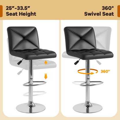 PU Leather Upholstered Bar Stools Set of 2 with Back and Adjustable Height, Black Bar Stools   at Gallery Canada