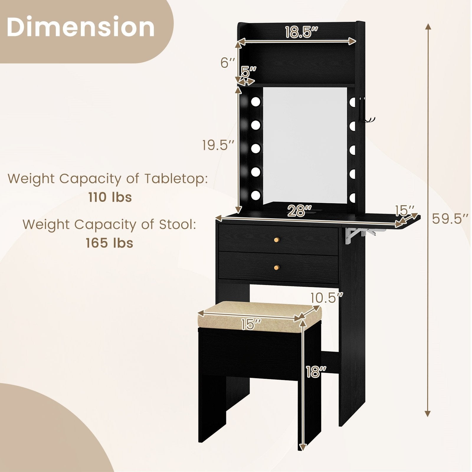 Compact Vanity Desk Set with 3-Color Lighted Mirror and Power Outlets, Black Makeup Vanities   at Gallery Canada