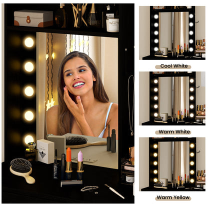 Compact Vanity Desk Set with 3-Color Lighted Mirror and Power Outlets, Black Makeup Vanities   at Gallery Canada