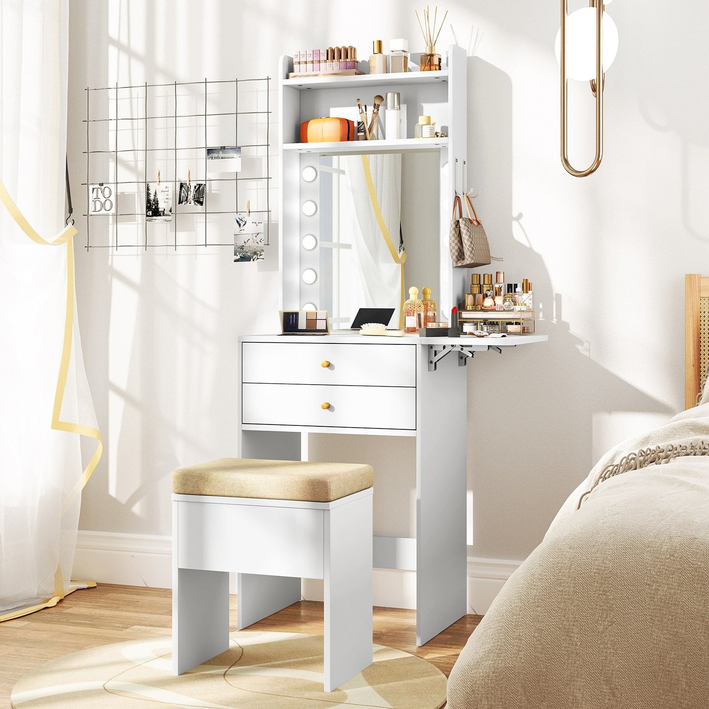 Compact Vanity Desk Set with 3-Color Lighted Mirror and Power Outlets, White Makeup Vanities   at Gallery Canada