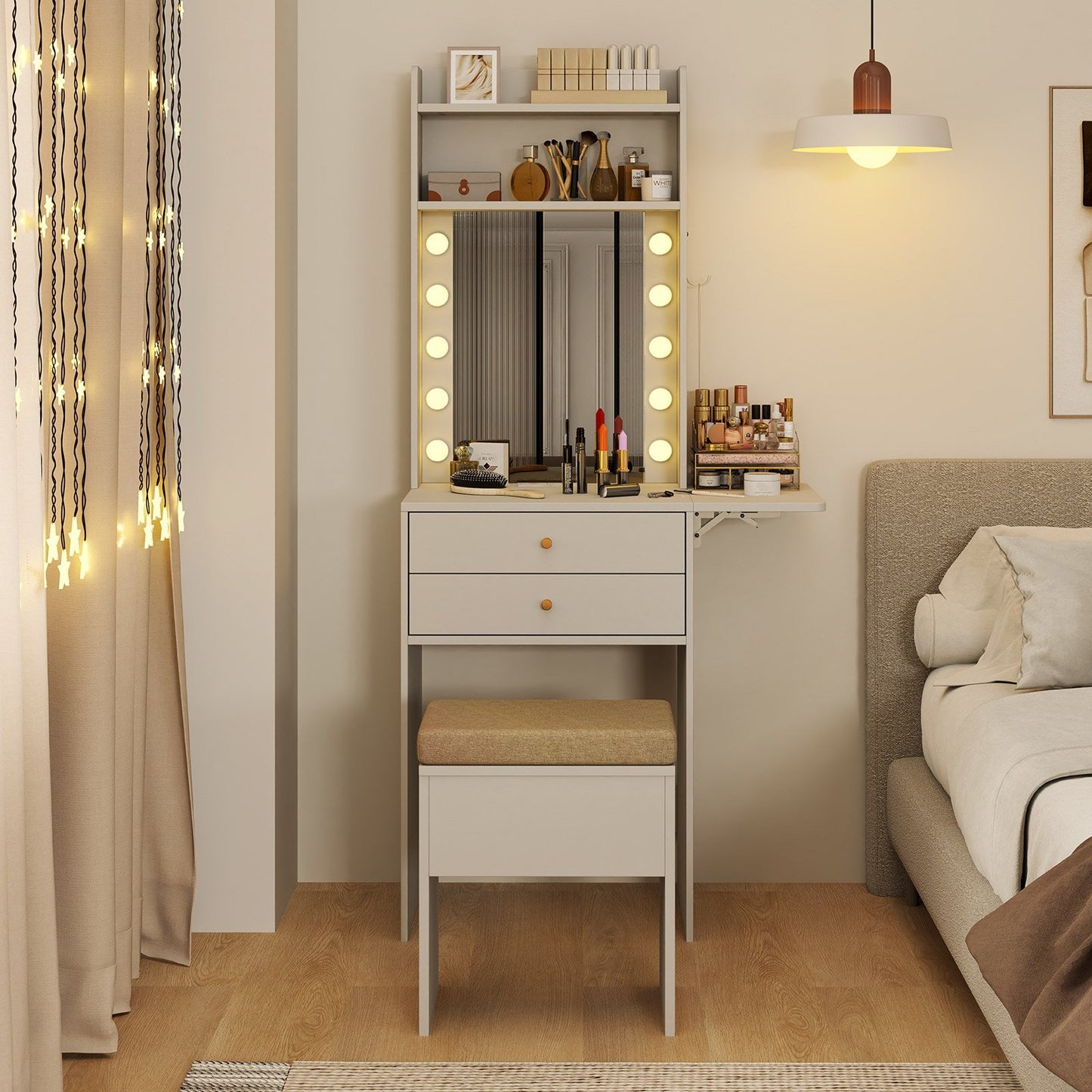 Compact Vanity Desk Set with 3-Color Lighted Mirror and Power Outlets, White Makeup Vanities   at Gallery Canada