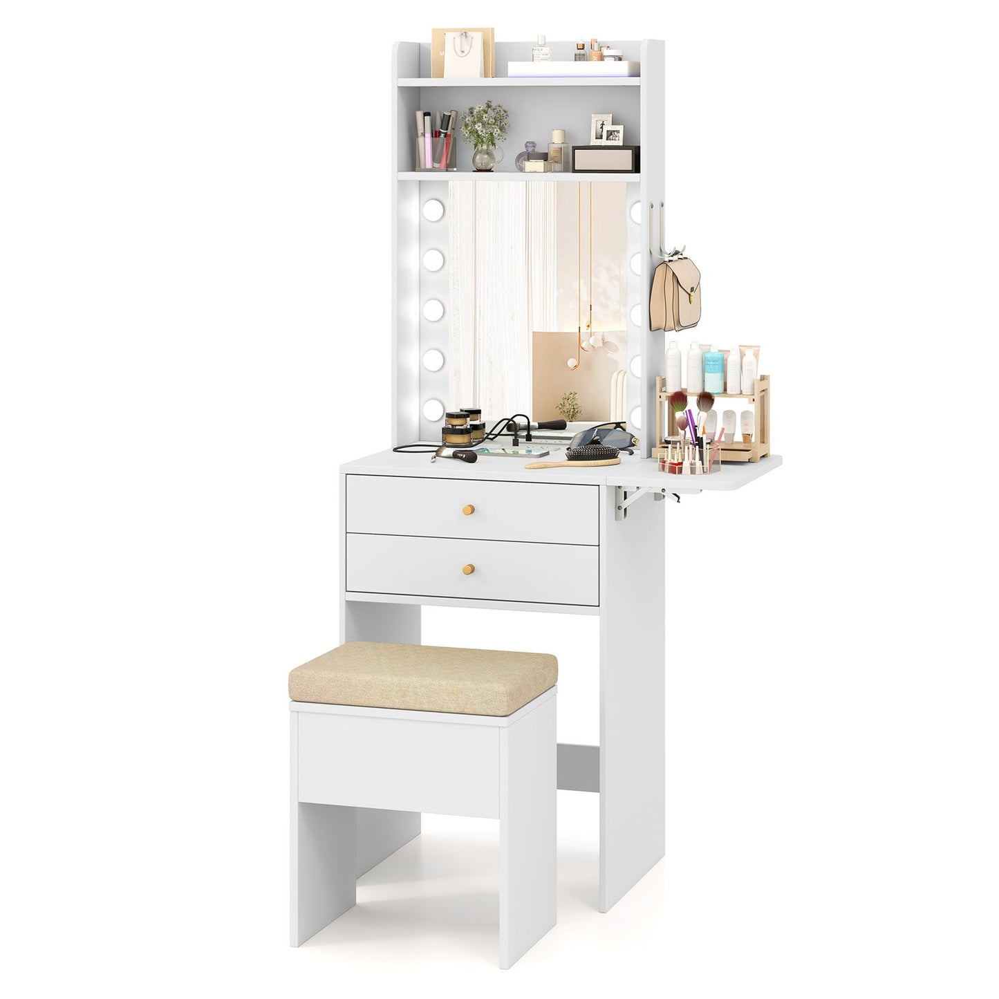 Compact Vanity Desk Set with 3-Color Lighted Mirror and Power Outlets, White Makeup Vanities White  at Gallery Canada