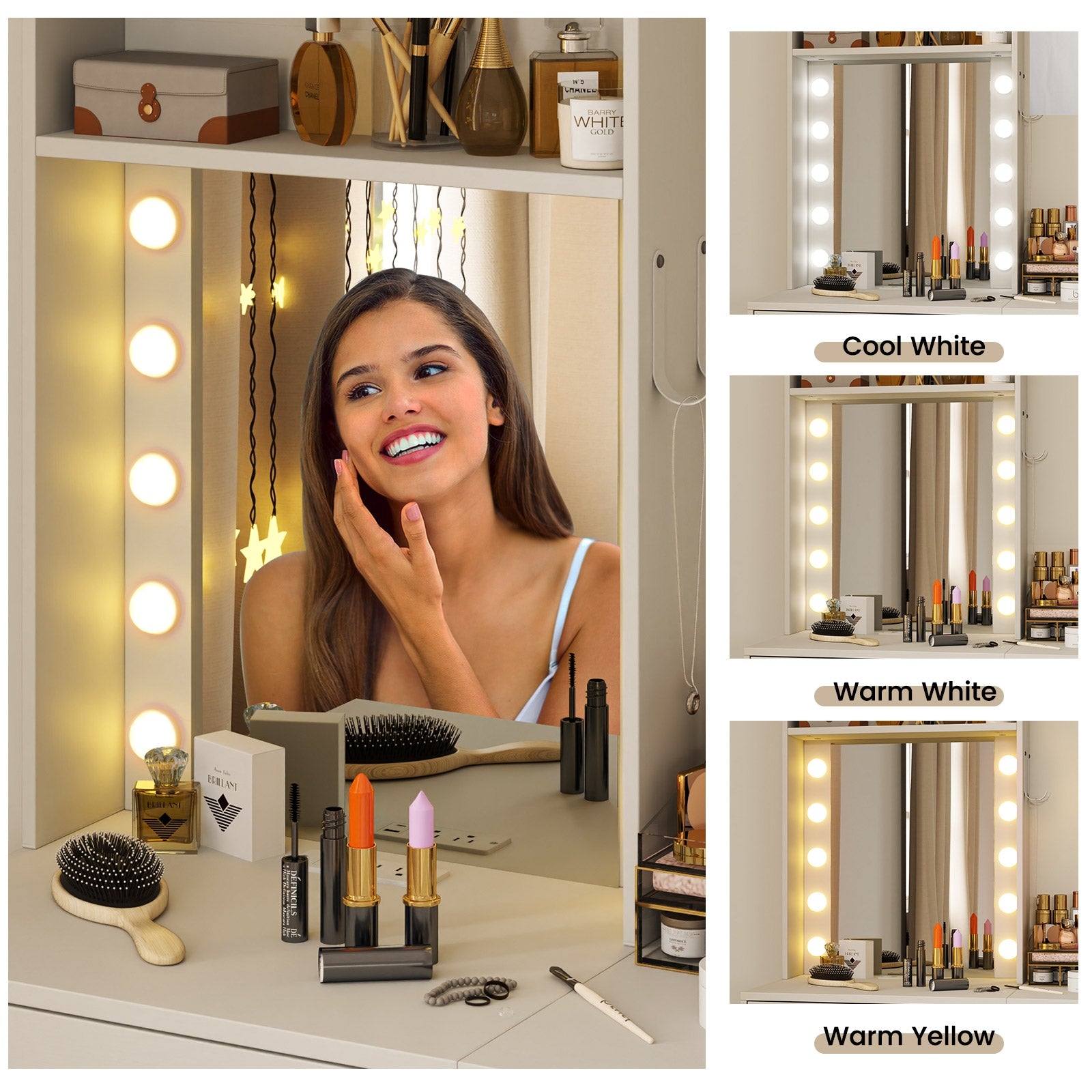 Compact Vanity Desk Set with 3-Color Lighted Mirror and Power Outlets, White Makeup Vanities   at Gallery Canada