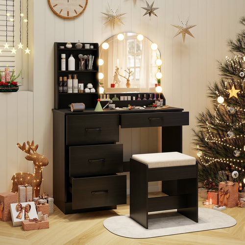 Makeup Vanity Desk Dressing Table and Stool Set with Mirror and Lights, Black