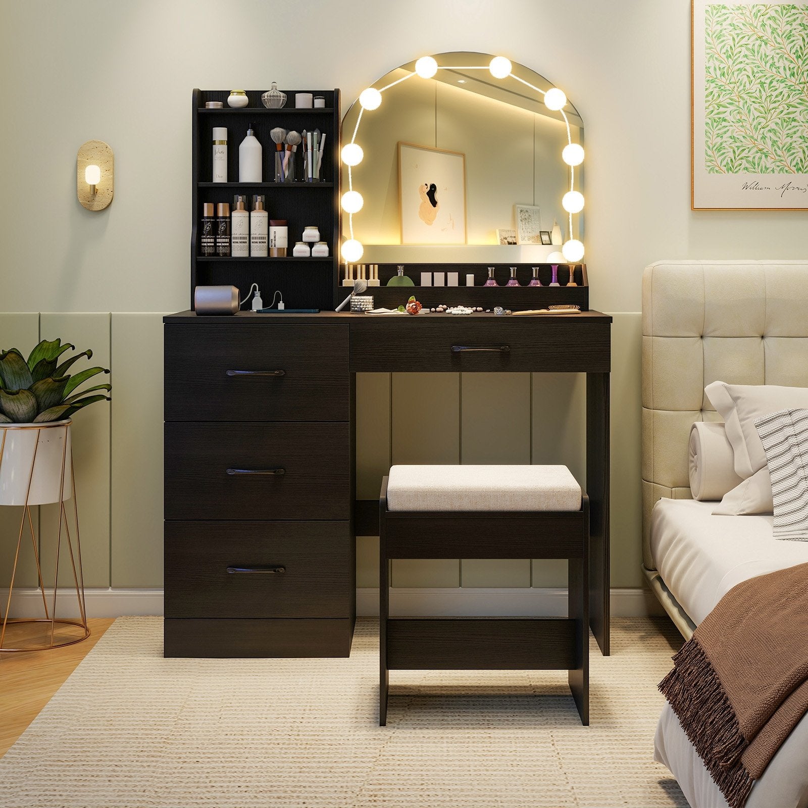 Makeup Vanity Desk Dressing Table and Stool Set with Mirror and Lights, Black Makeup Vanities   at Gallery Canada