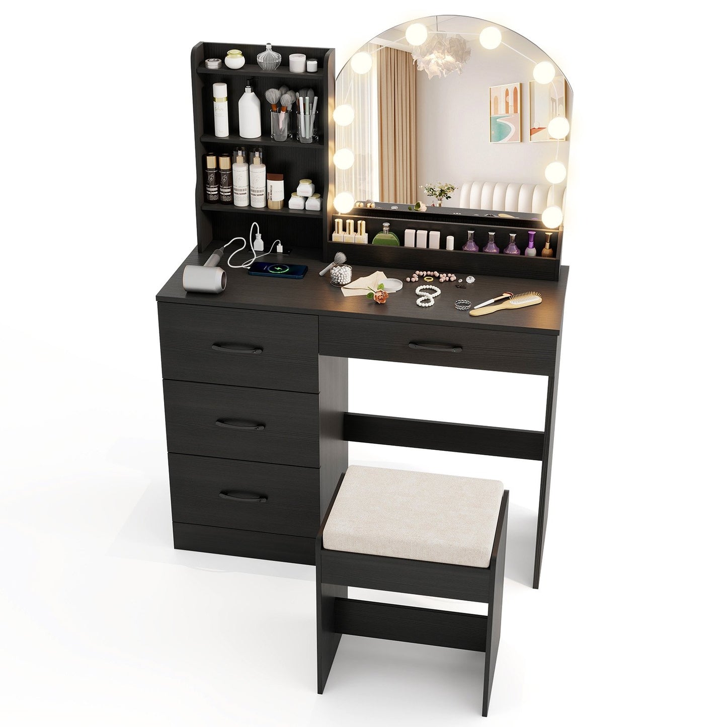 Makeup Vanity Desk Dressing Table and Stool Set with Mirror and Lights, Black Makeup Vanities Black  at Gallery Canada