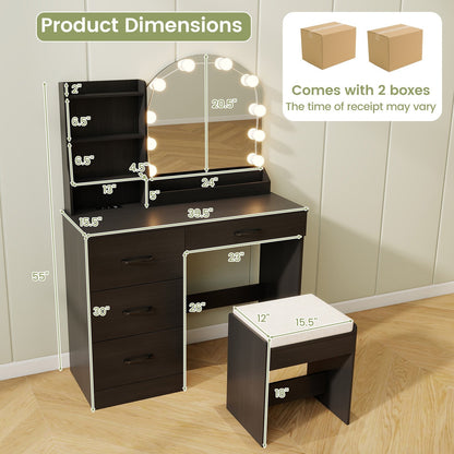 Makeup Vanity Desk Dressing Table and Stool Set with Mirror and Lights, Black Makeup Vanities   at Gallery Canada