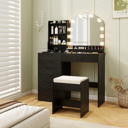 Makeup Vanity Desk Dressing Table and Stool Set with Mirror and Lights, Black Makeup Vanities   at Gallery Canada