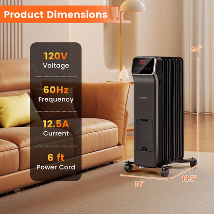 1500W Oil Filled Radiator Heater with Remote Control 3 Modes 24H Timer, Black Space Heaters   at Gallery Canada