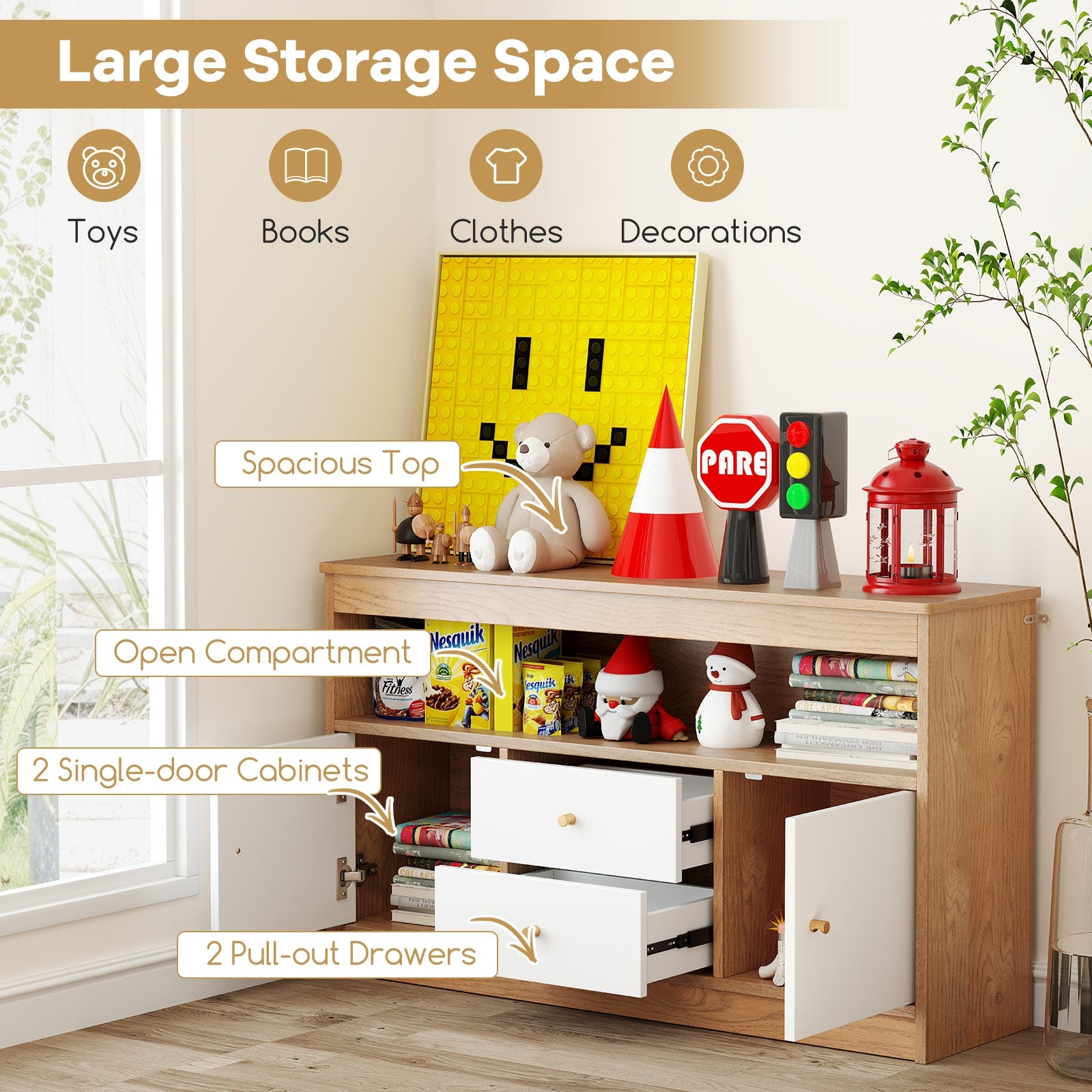 Kids Toy Storage Organizer with Open Shelf and 2 Drawers for Playroom, Natural Kids Storage at Gallery Canada