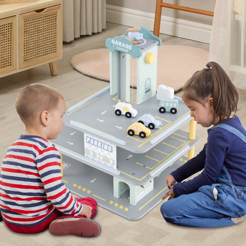 Parking Garage Playset with 4 Cars and Helicopter, Gray