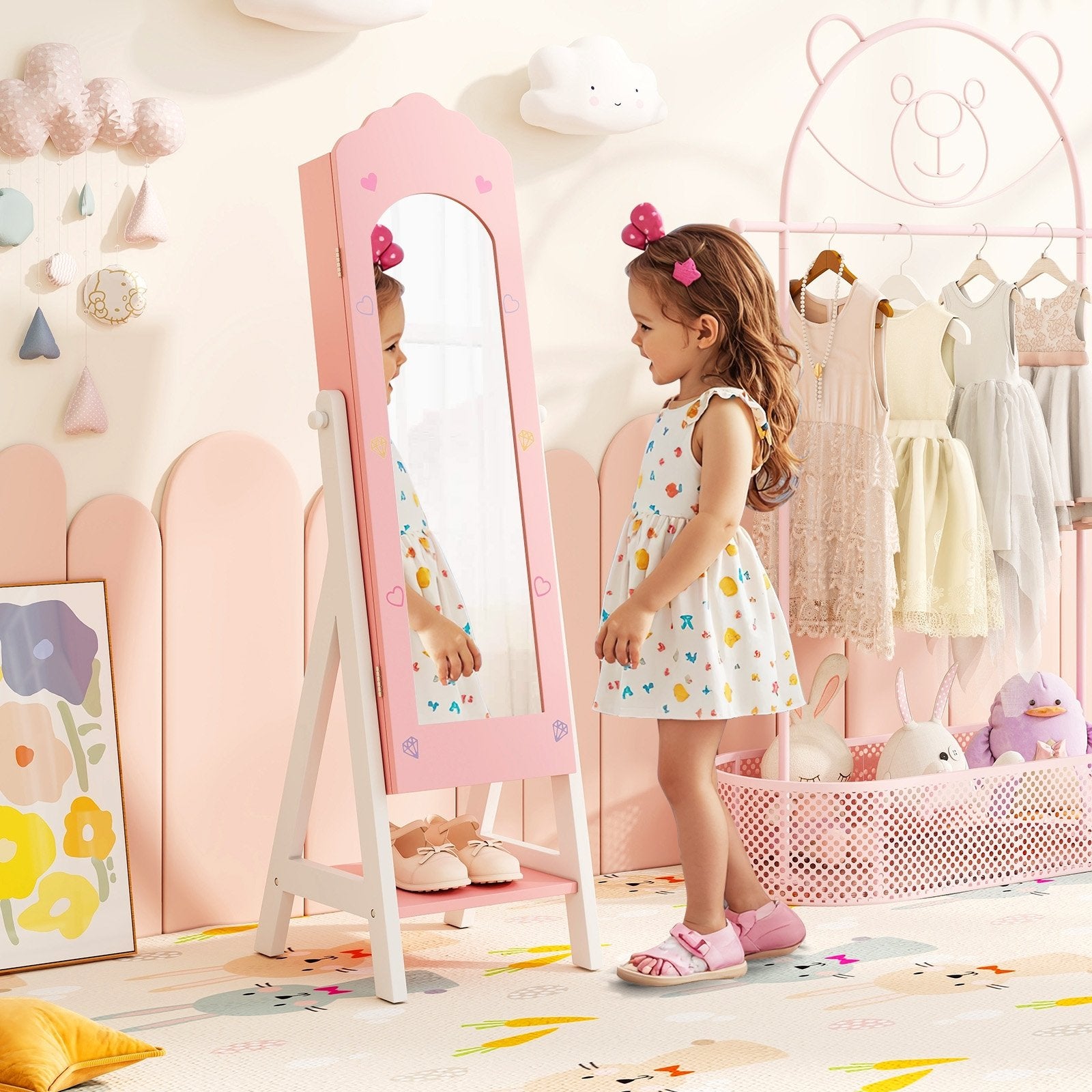 Kids Jewelry Organizer with Full Length Mirror Drawers and Storage Shelves, Pink Kids Vanities   at Gallery Canada