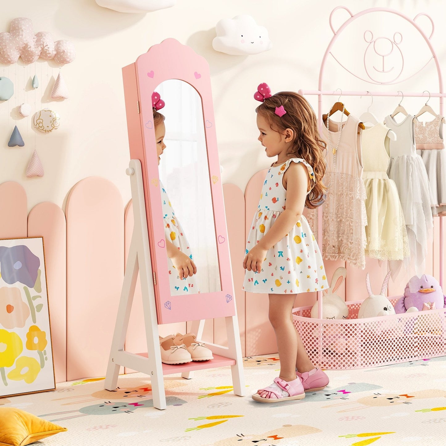 Kids Jewelry Organizer with Full Length Mirror Drawers and Storage Shelves, Pink Kids Vanities   at Gallery Canada