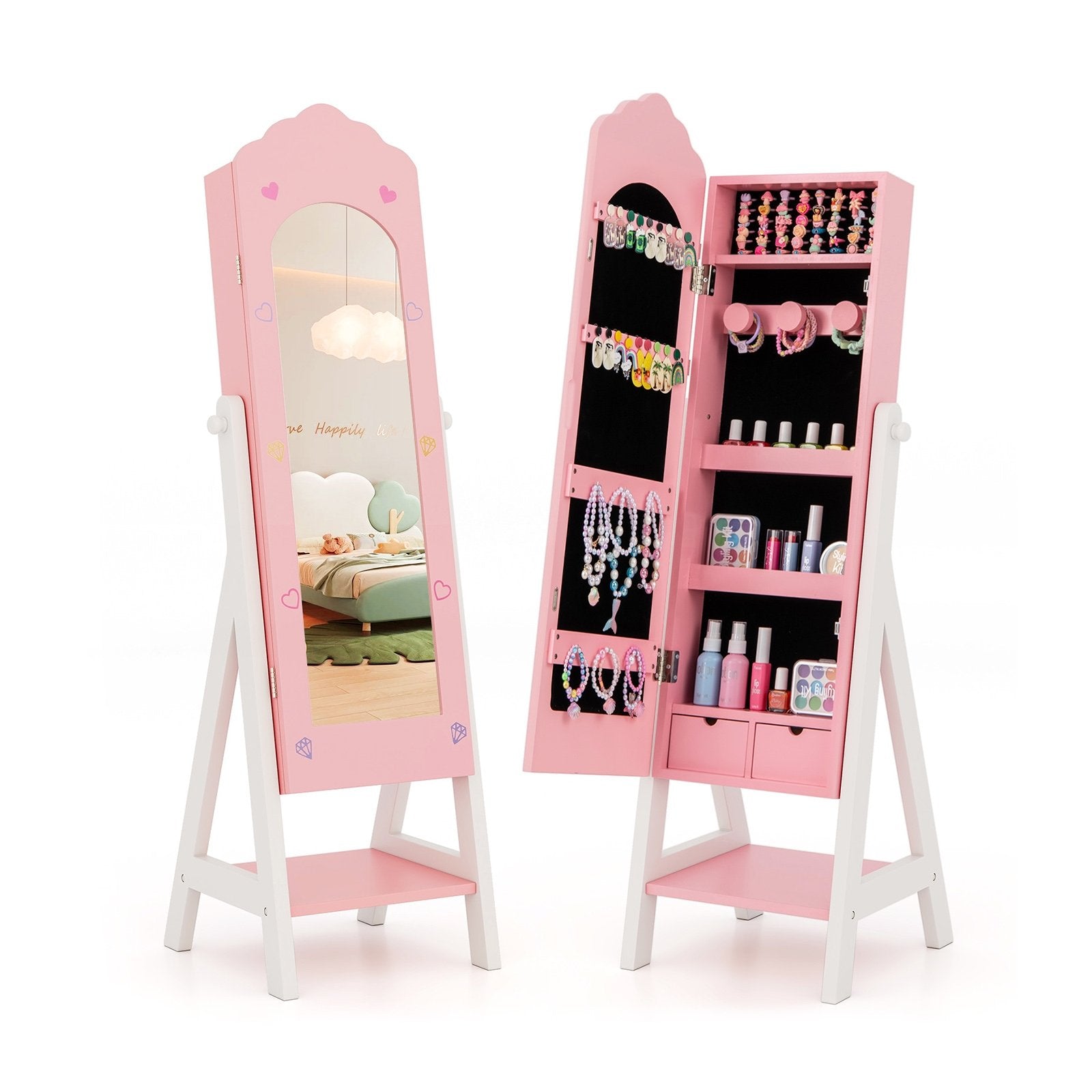 Kids Jewelry Organizer with Full Length Mirror Drawers and Storage Shelves, Pink Kids Vanities Pink  at Gallery Canada