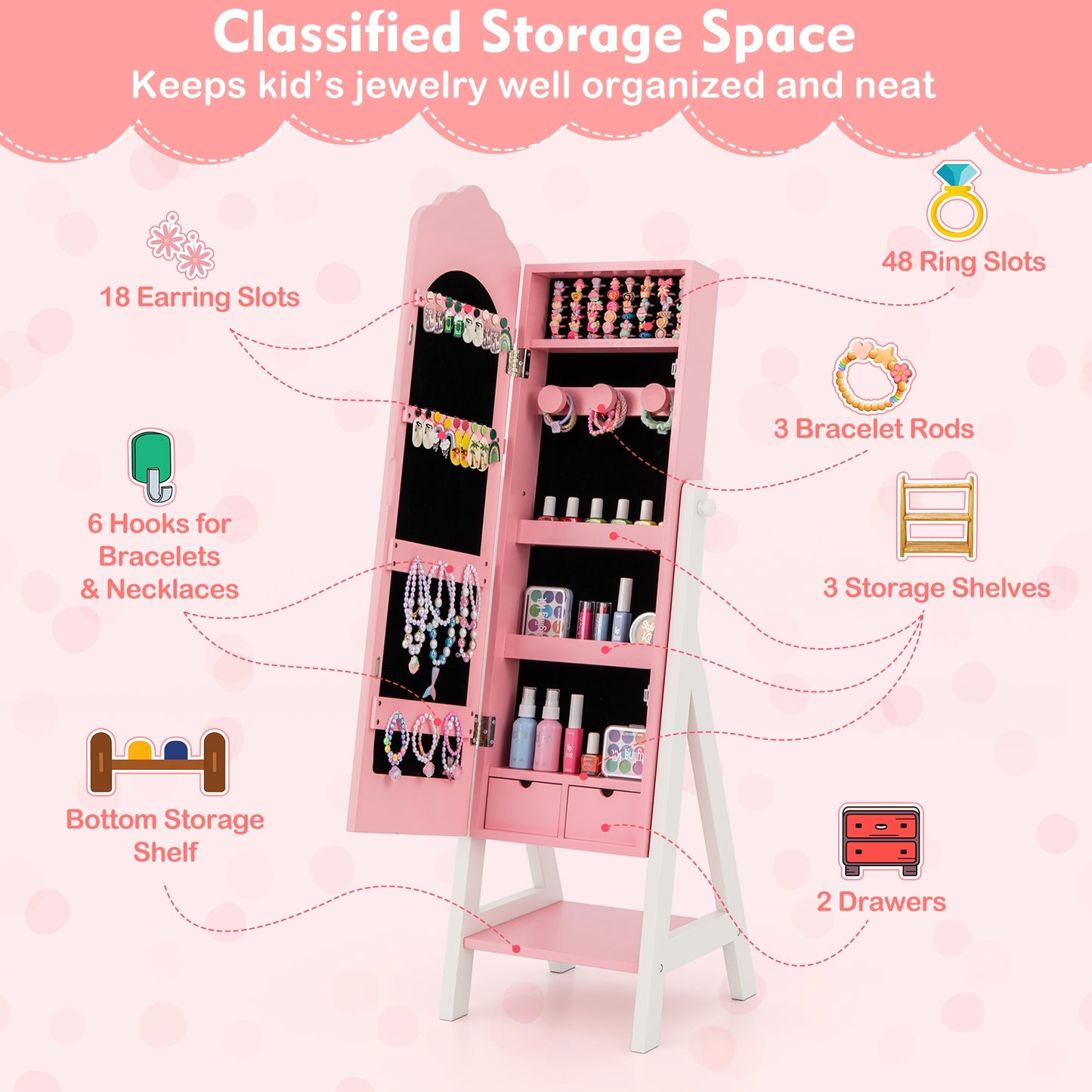 Kids Jewelry Organizer with Full Length Mirror Drawers and Storage Shelves, Pink Kids Vanities   at Gallery Canada