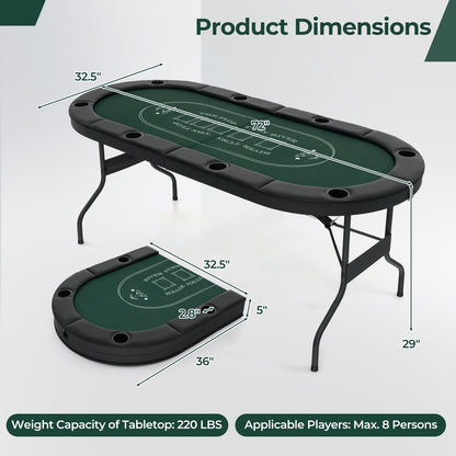 72 Inch Foldable Poker Table for 8 Players Portable Oval Card Board Game Table, Green Game Room   at Gallery Canada