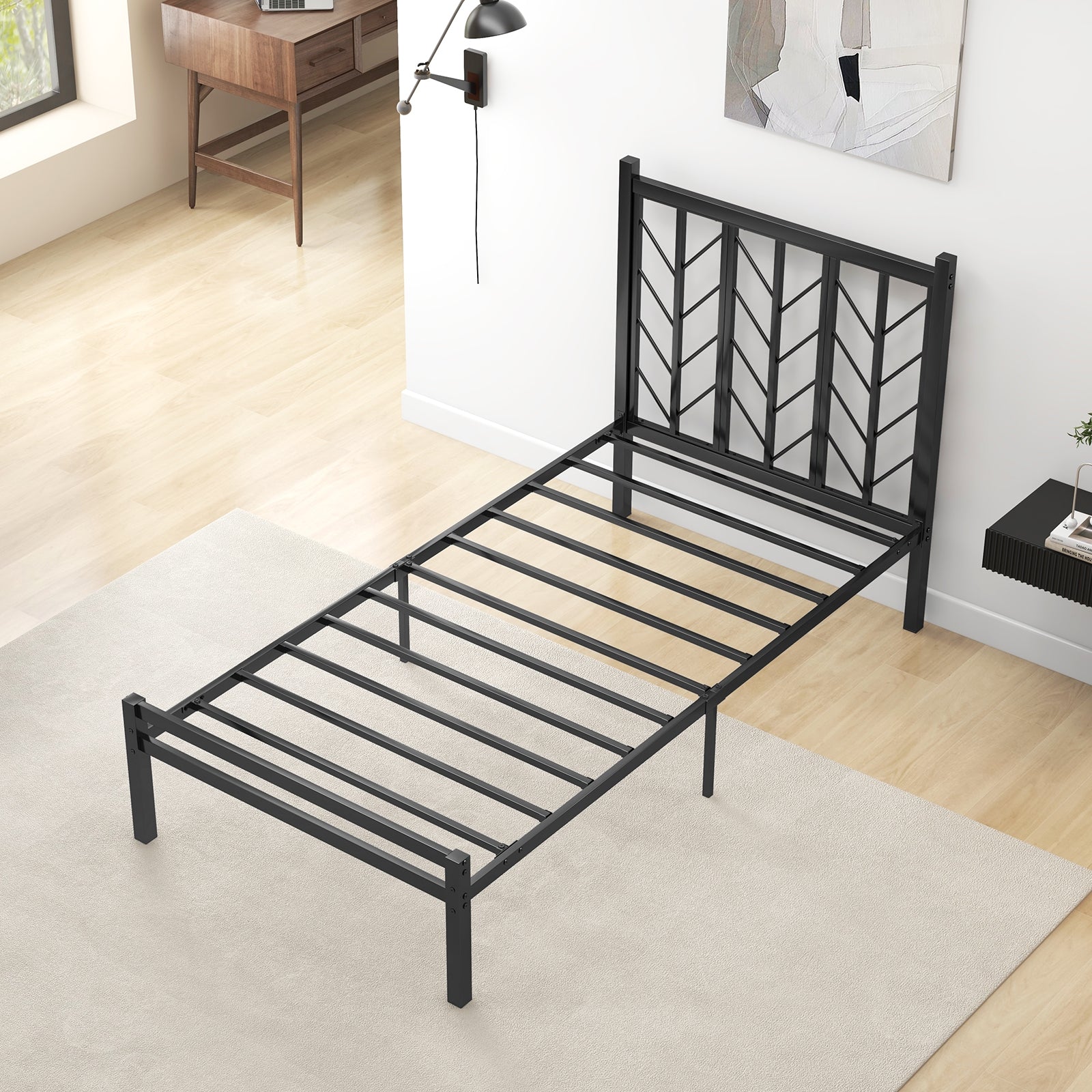 Twin Size Platform Bed with Headboard and Metal Frame-Twin Size, Black Simple Bed Frame   at Gallery Canada