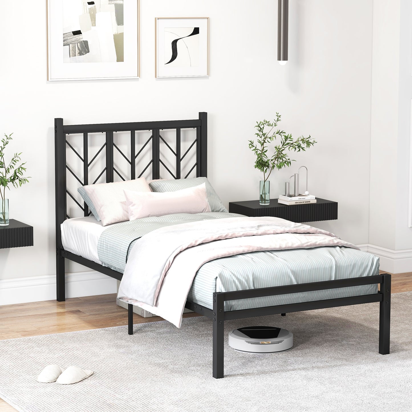 Twin Size Platform Bed with Headboard and Metal Frame-Twin Size, Black Simple Bed Frame   at Gallery Canada