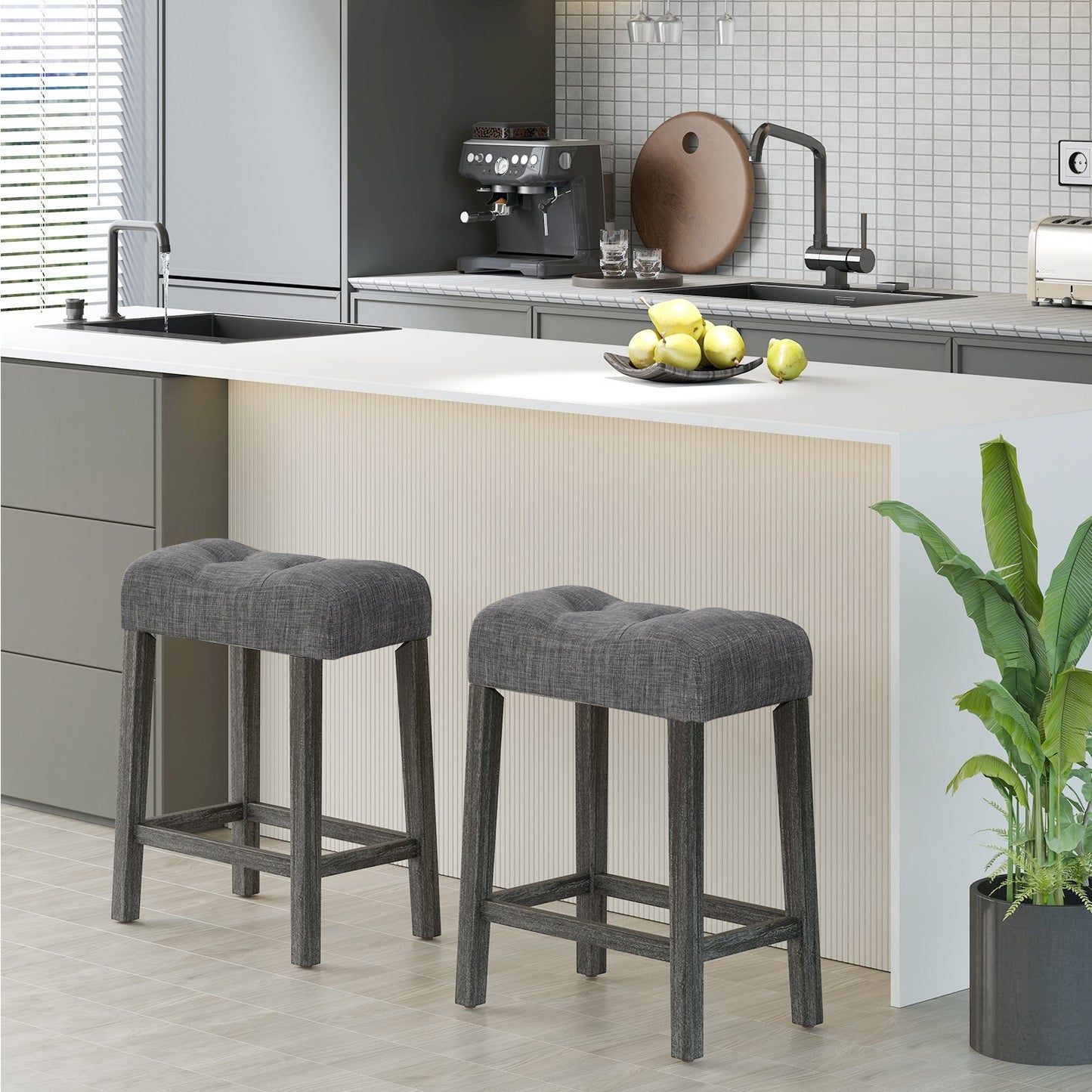 24 Inch Set of 2 Saddle Bar Stools with Padded Seat, Gray Bar Stools   at Gallery Canada