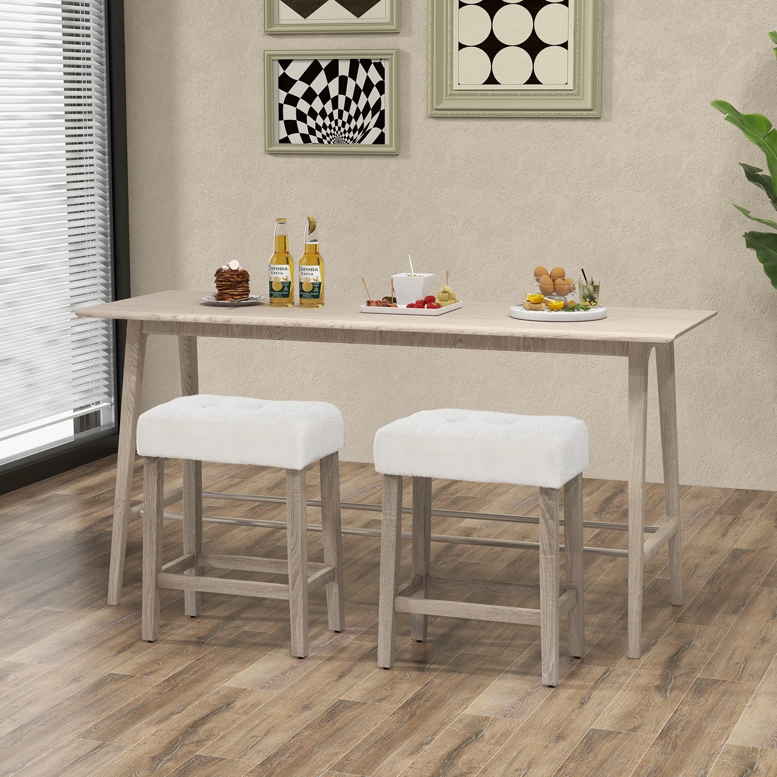 Modern Counter Height Bar Stools Set of 2 with Rubber Wood Legs, Beige Bar Stools   at Gallery Canada