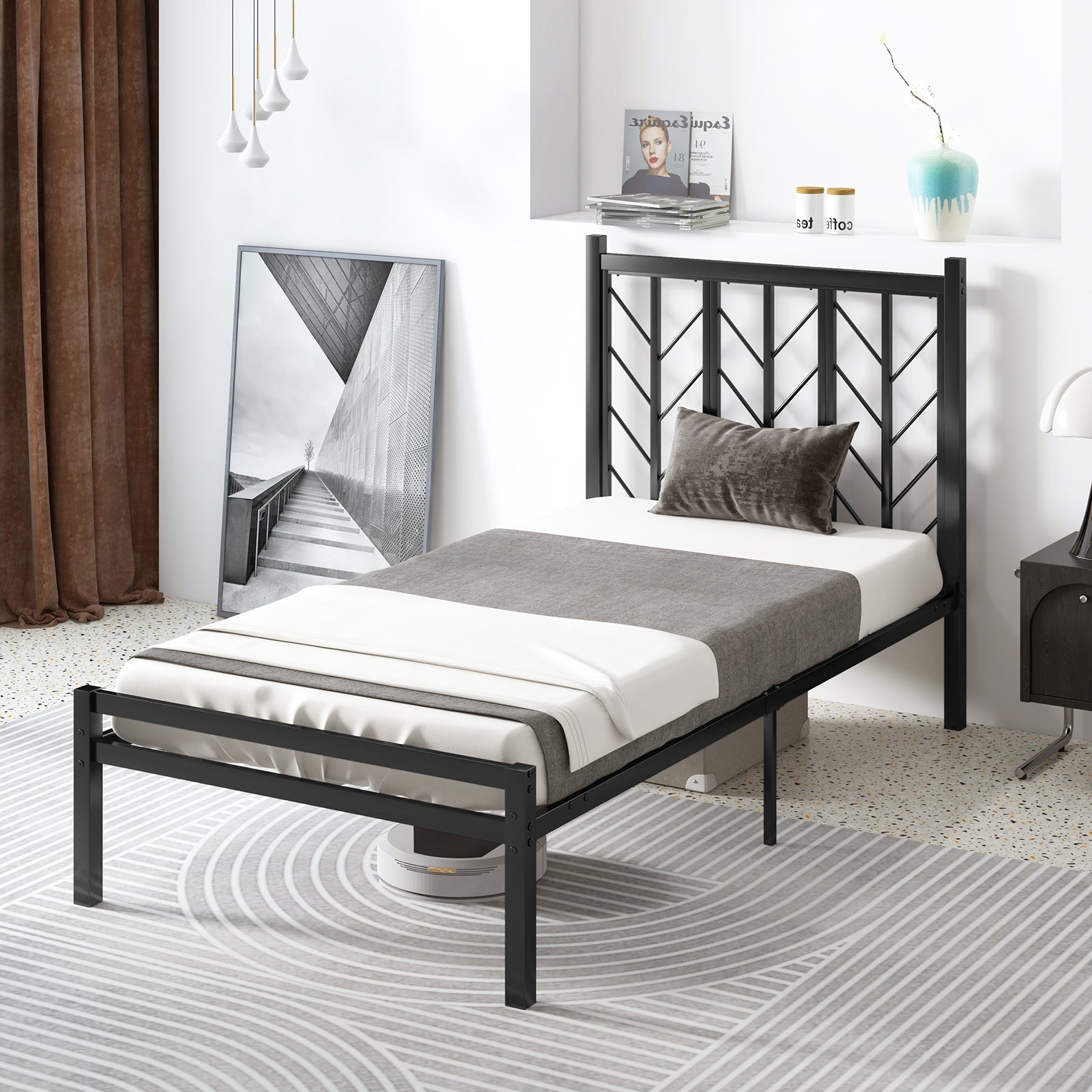 Twin Size Platform Bed with Headboard and Metal Frame-Twin Size, Black Simple Bed Frame   at Gallery Canada