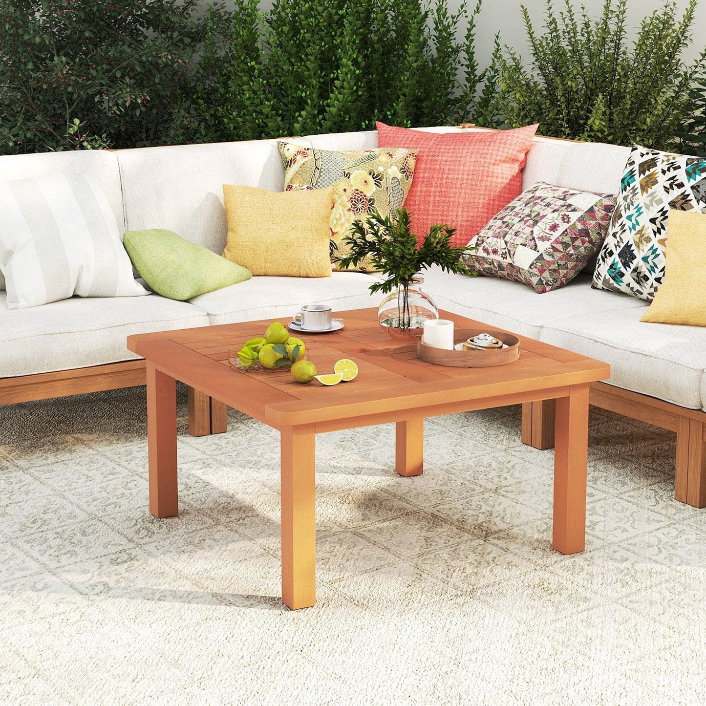 Patio Coffee Table with Umbrella Hole and Teak Oil Finish, Natural Patio Coffee Tables   at Gallery Canada