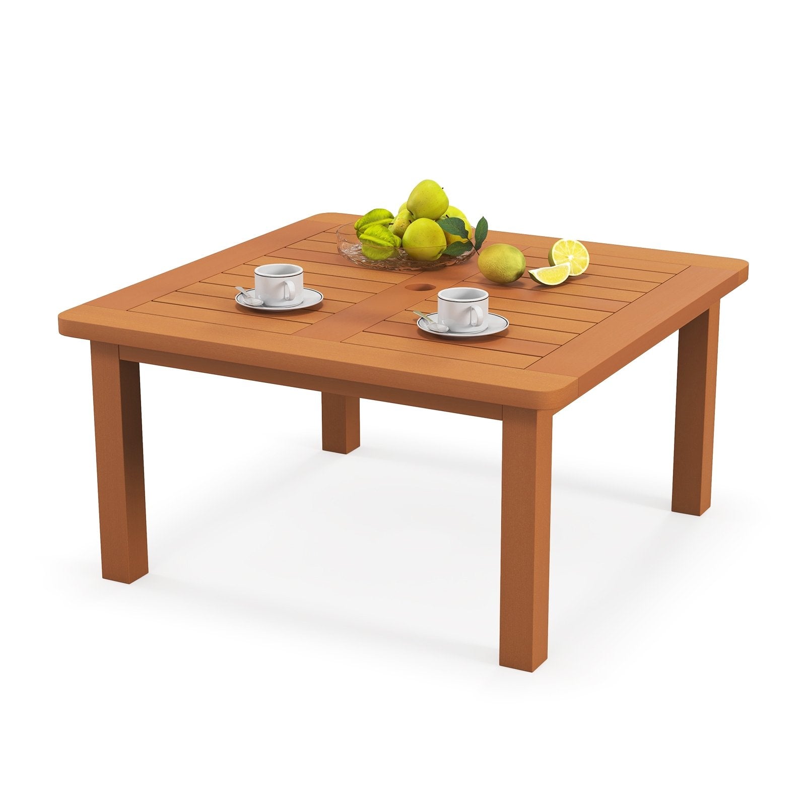 Patio Coffee Table with Umbrella Hole and Teak Oil Finish, Natural Patio Coffee Tables   at Gallery Canada