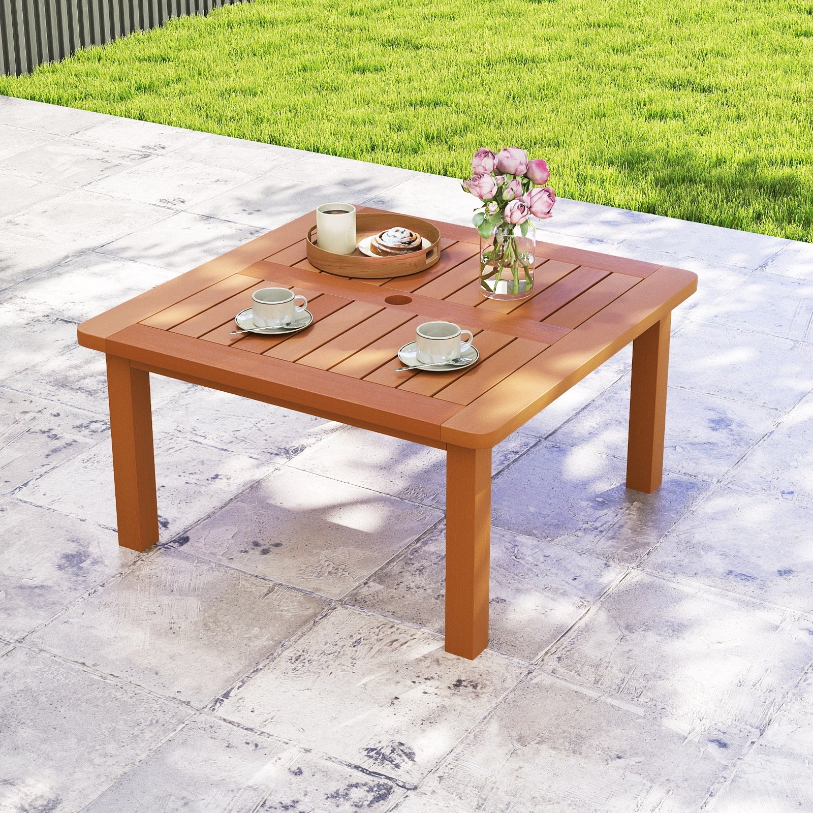 Patio Coffee Table with Umbrella Hole and Teak Oil Finish, Natural Patio Coffee Tables   at Gallery Canada