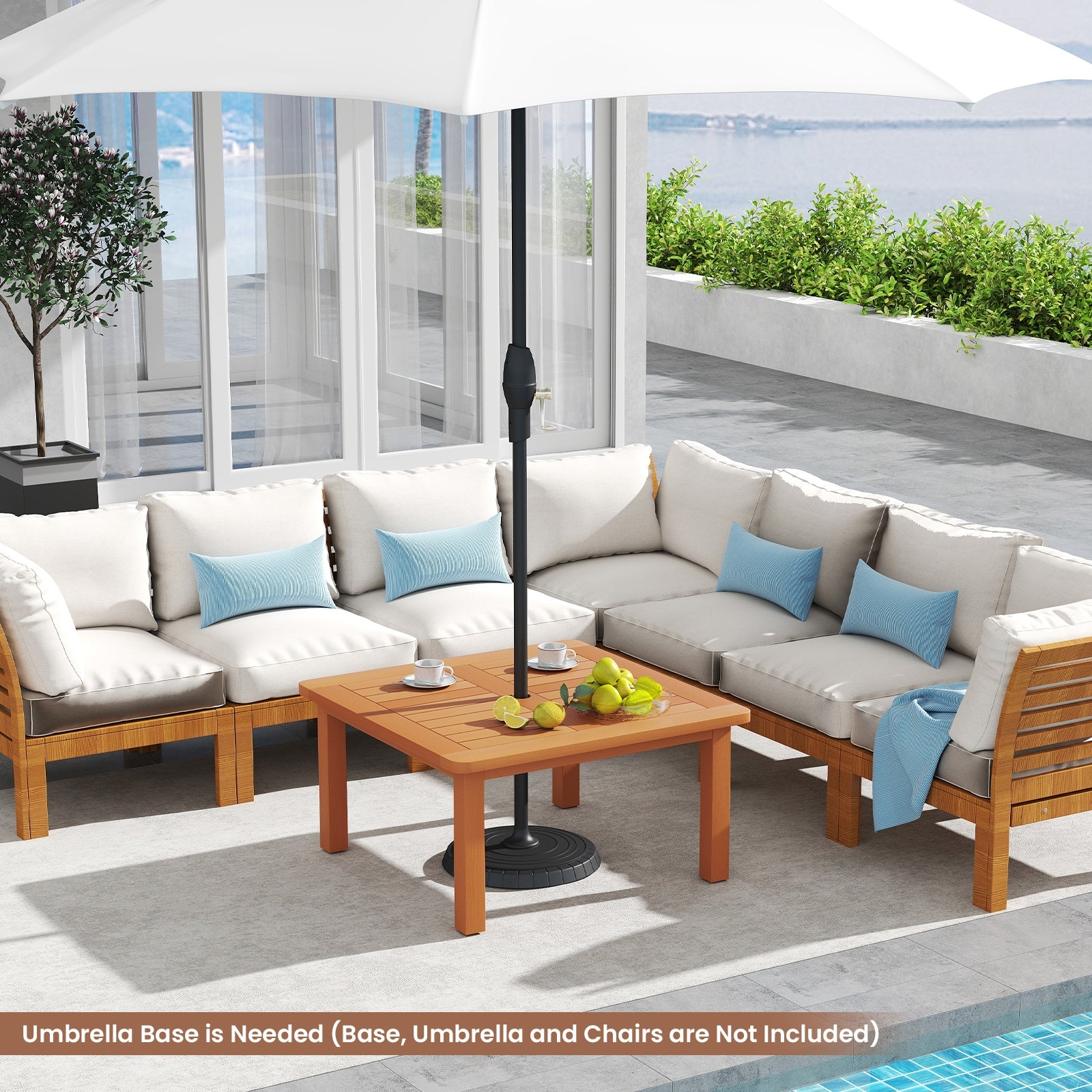 Patio Coffee Table with Umbrella Hole and Teak Oil Finish, Natural Patio Coffee Tables   at Gallery Canada