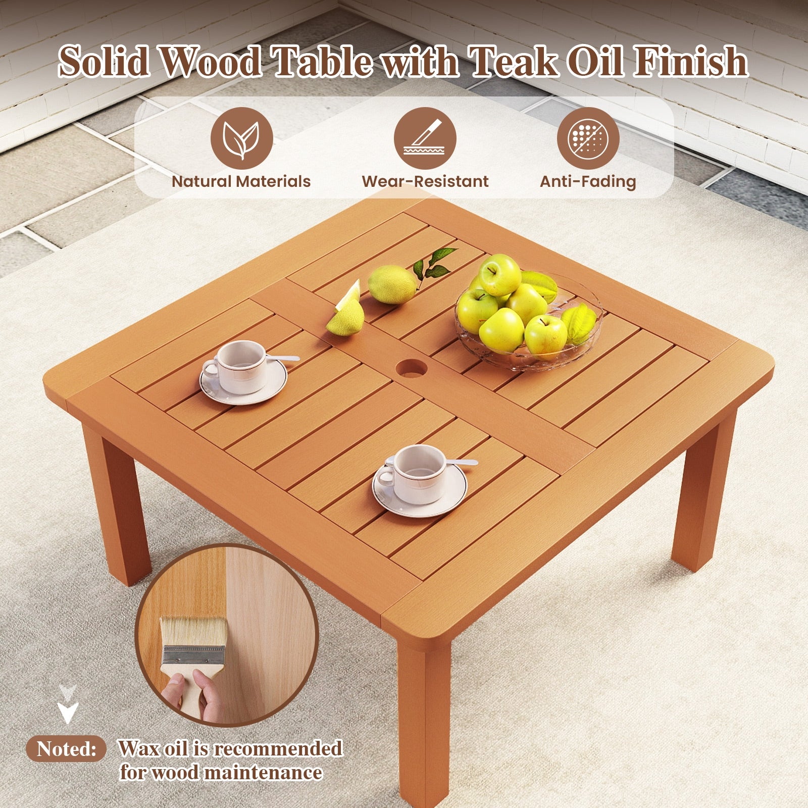 Patio Coffee Table with Umbrella Hole and Teak Oil Finish, Natural Patio Coffee Tables   at Gallery Canada