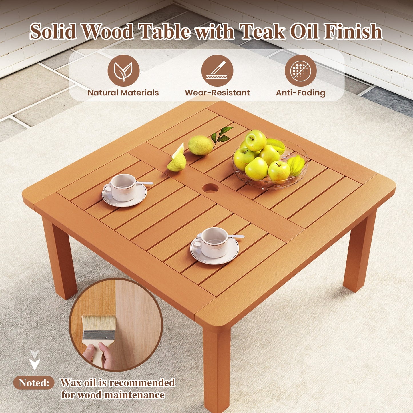 Patio Coffee Table with Umbrella Hole and Teak Oil Finish, Natural Patio Coffee Tables   at Gallery Canada