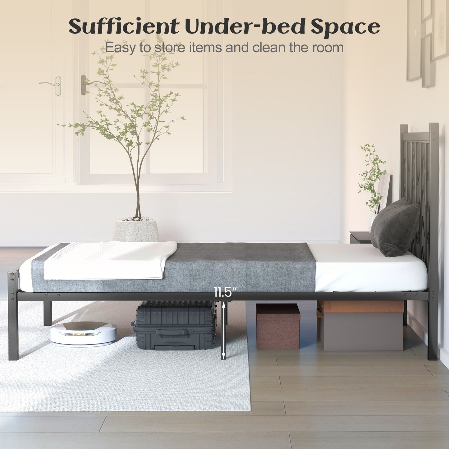 Twin Size Platform Bed with Headboard and Metal Frame-Twin Size, Black Simple Bed Frame   at Gallery Canada