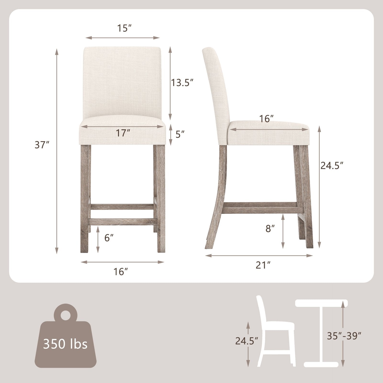 Counter Height Bar Stools Set of 2 with Back and Footrest, Beige Bar Stools   at Gallery Canada