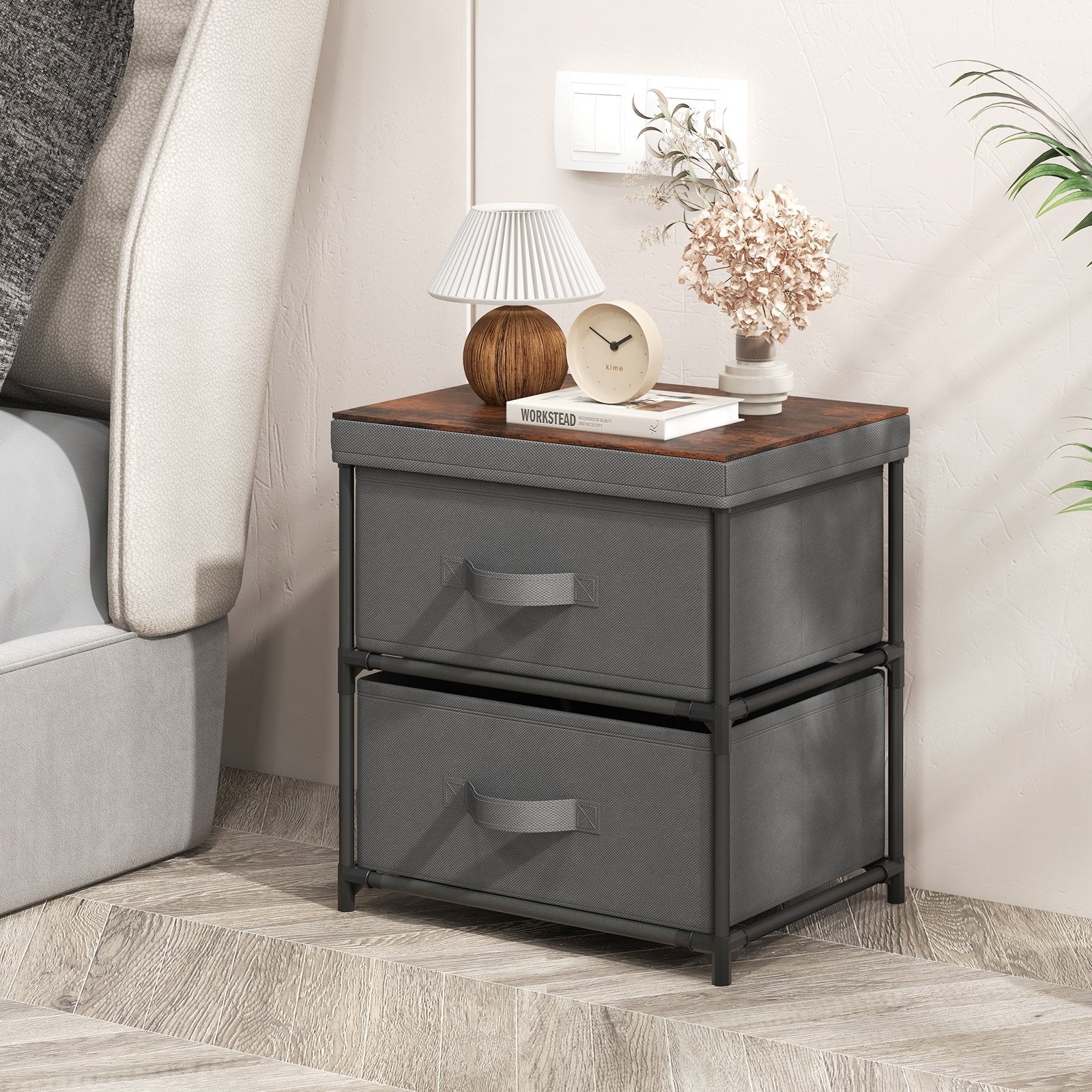 2-Drawer Nightstand with Removable Fabric Bins and Pull Handles Set of 2, Black Nightstands   at Gallery Canada