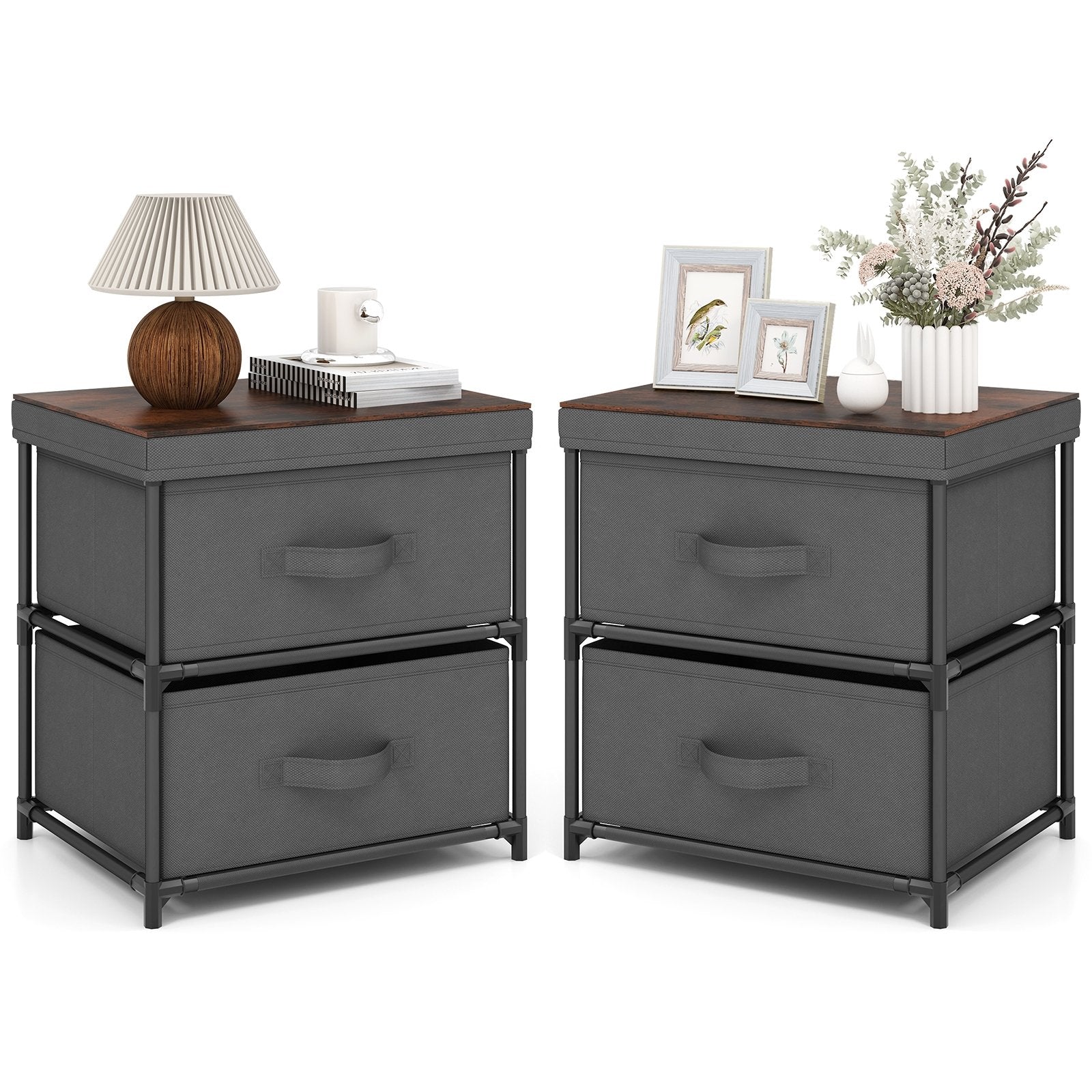 2-Drawer Nightstand with Removable Fabric Bins and Pull Handles Set of 2, Black Nightstands Black  at Gallery Canada