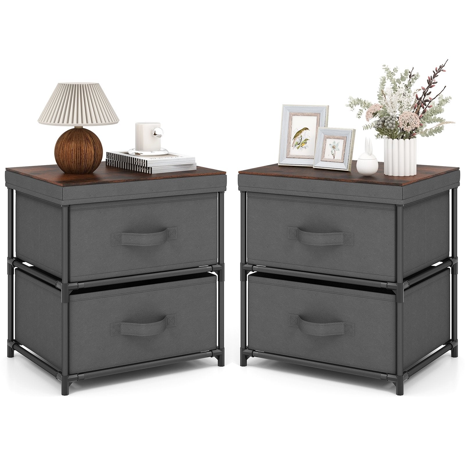 2-Drawer Nightstand with Removable Fabric Bins and Pull Handles Set of 2, Black Nightstands Black at Gallery Canada