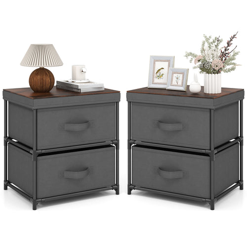 2-Drawer Nightstand with Removable Fabric Bins and Pull Handles Set of 2, Black