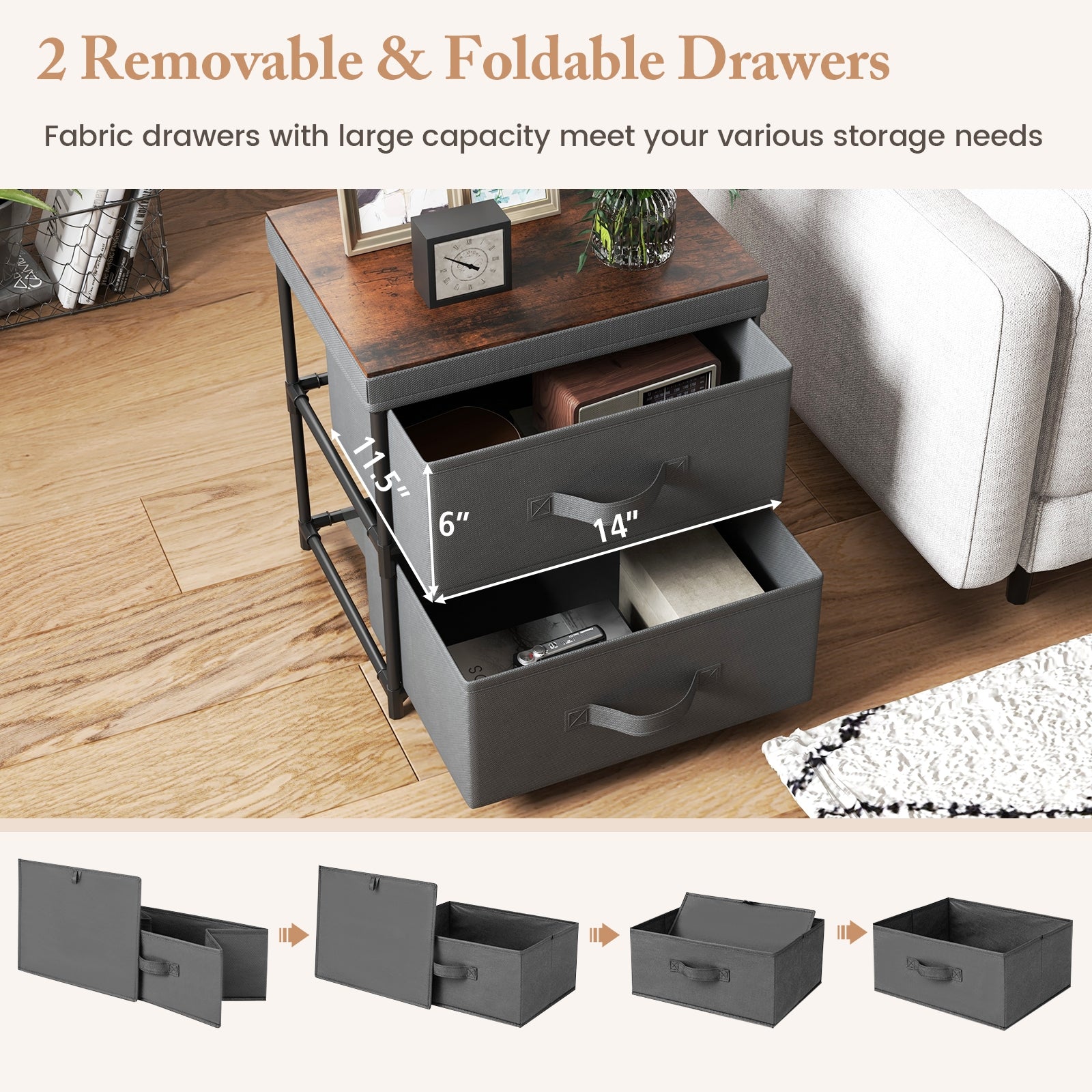 2-Drawer Nightstand with Removable Fabric Bins and Pull Handles Set of 2, Black Nightstands   at Gallery Canada