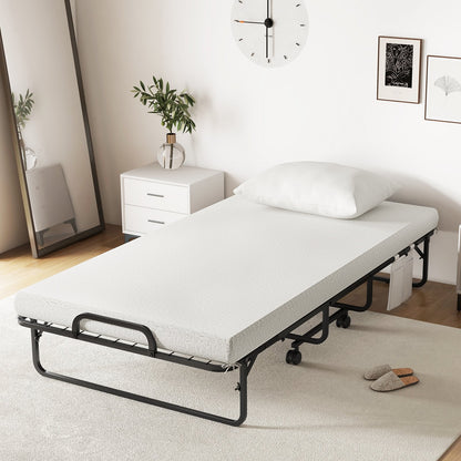 Twin Size Rollaway Guest Folding Bed with Mattress Sturdy Heavy Duty Frame, Black Folding Beds   at Gallery Canada