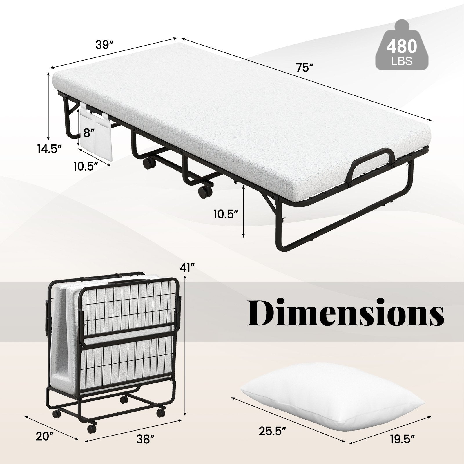 Twin Size Rollaway Guest Folding Bed with Mattress Sturdy Heavy Duty Frame, Black Folding Beds   at Gallery Canada