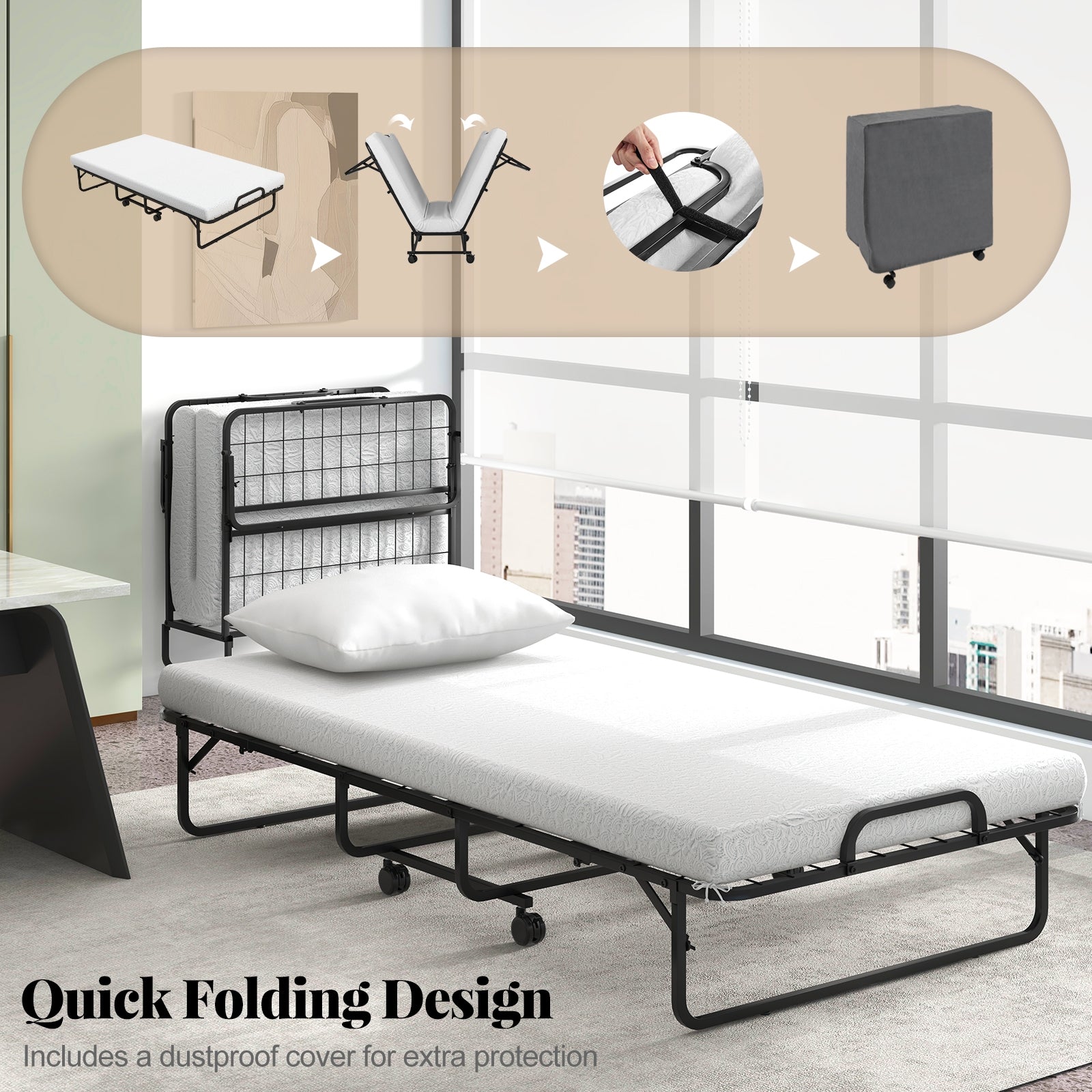 Twin Size Rollaway Guest Folding Bed with Mattress Sturdy Heavy Duty Frame, Black Folding Beds   at Gallery Canada