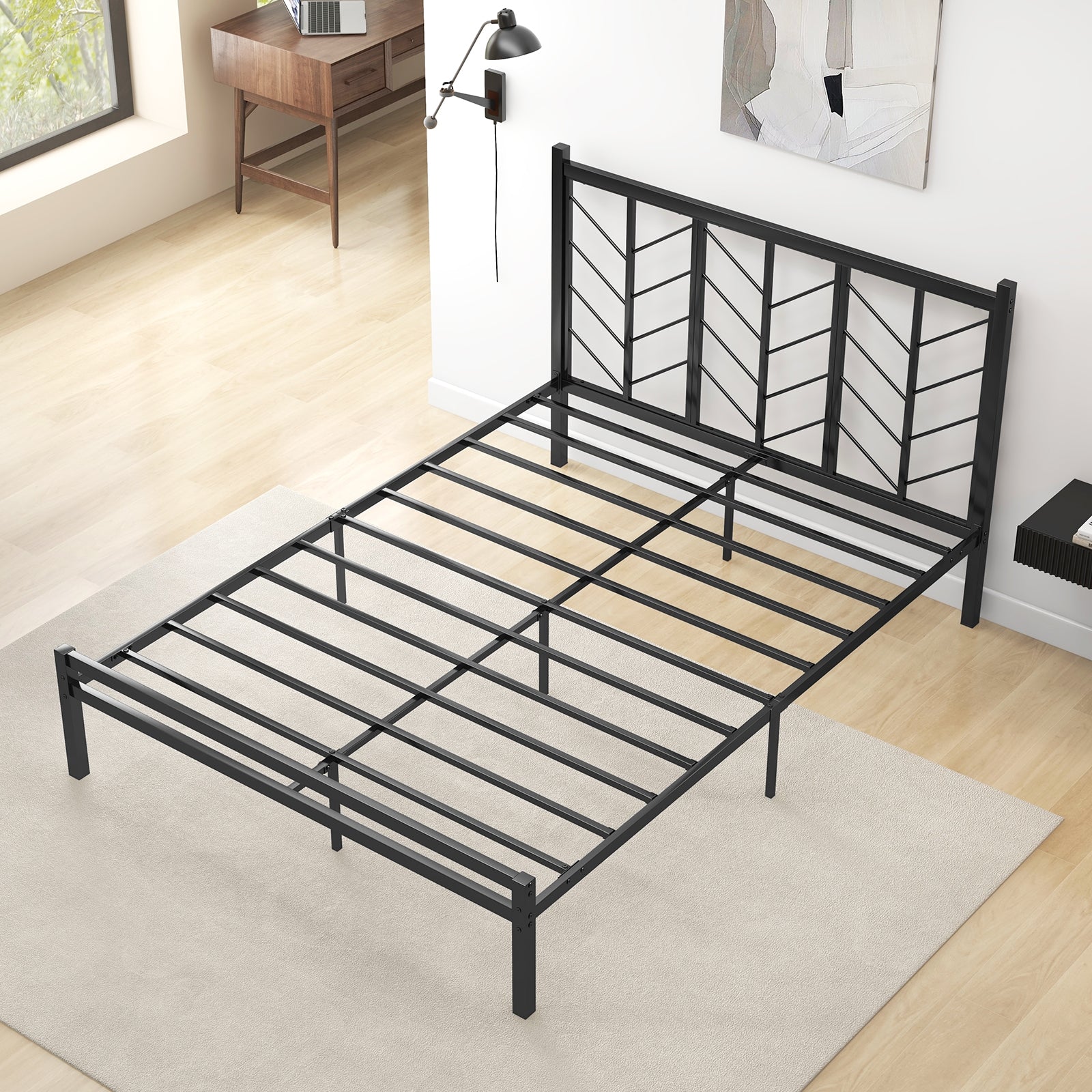 Queen Size Platform Bed with Headboard and Metal Frame-Queen Size, Black Simple Bed Frame   at Gallery Canada