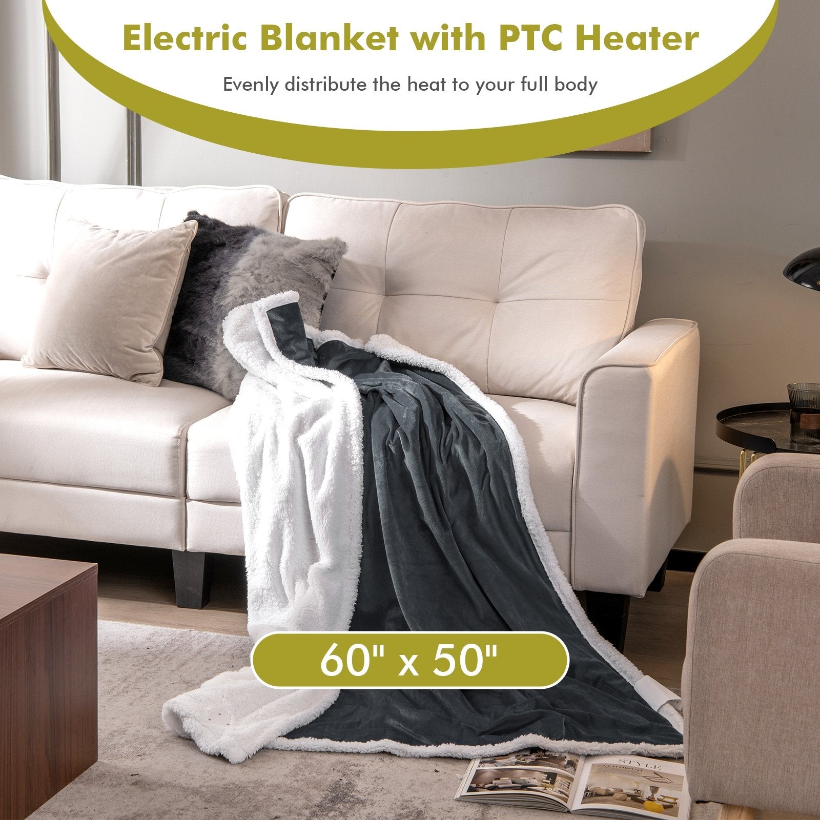 Electric Heated Blanket Throw Reversible Flannel and Sherpa Blanket, Gray Bedding   at Gallery Canada