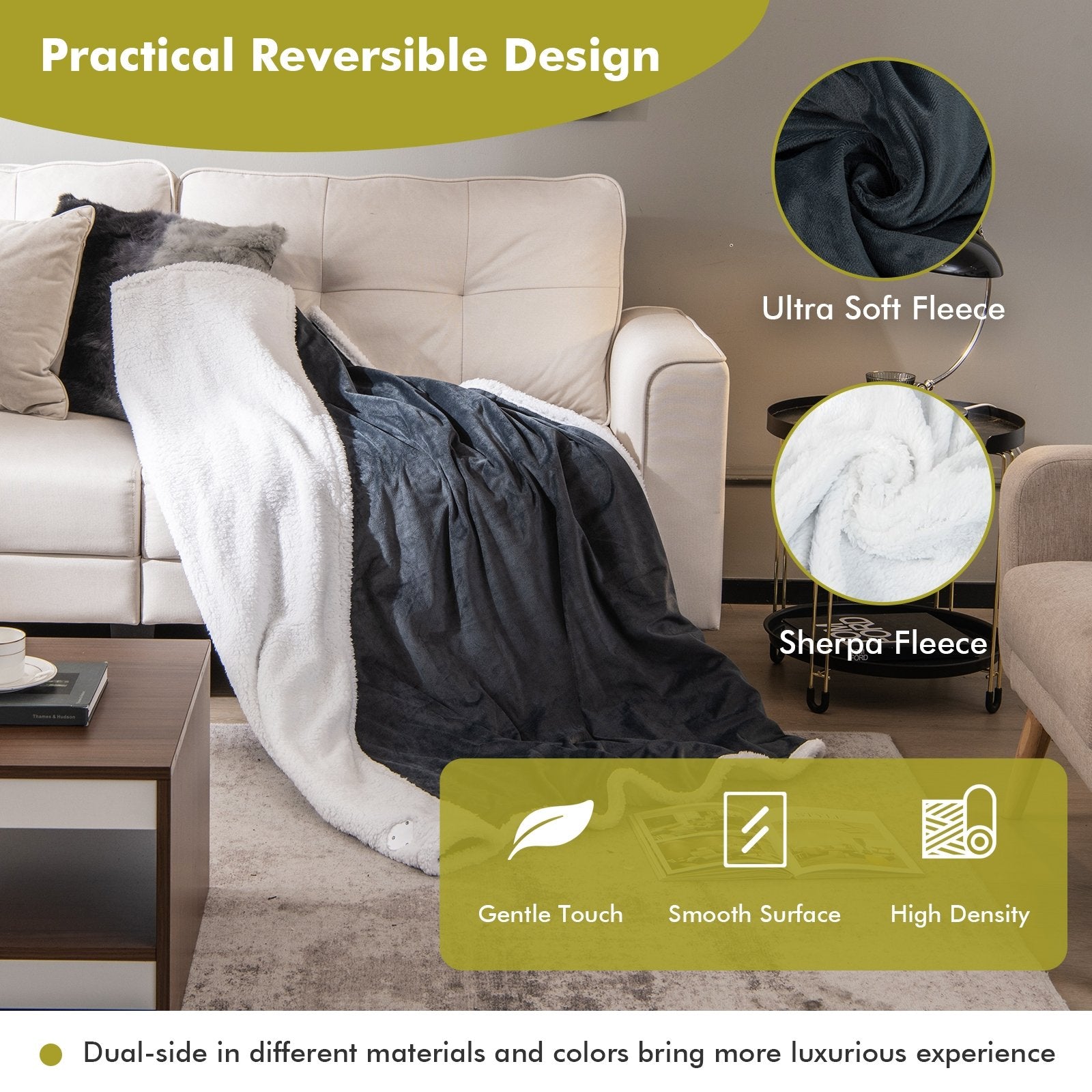 Electric Heated Blanket Throw Reversible Flannel and Sherpa Blanket, Gray Bedding   at Gallery Canada