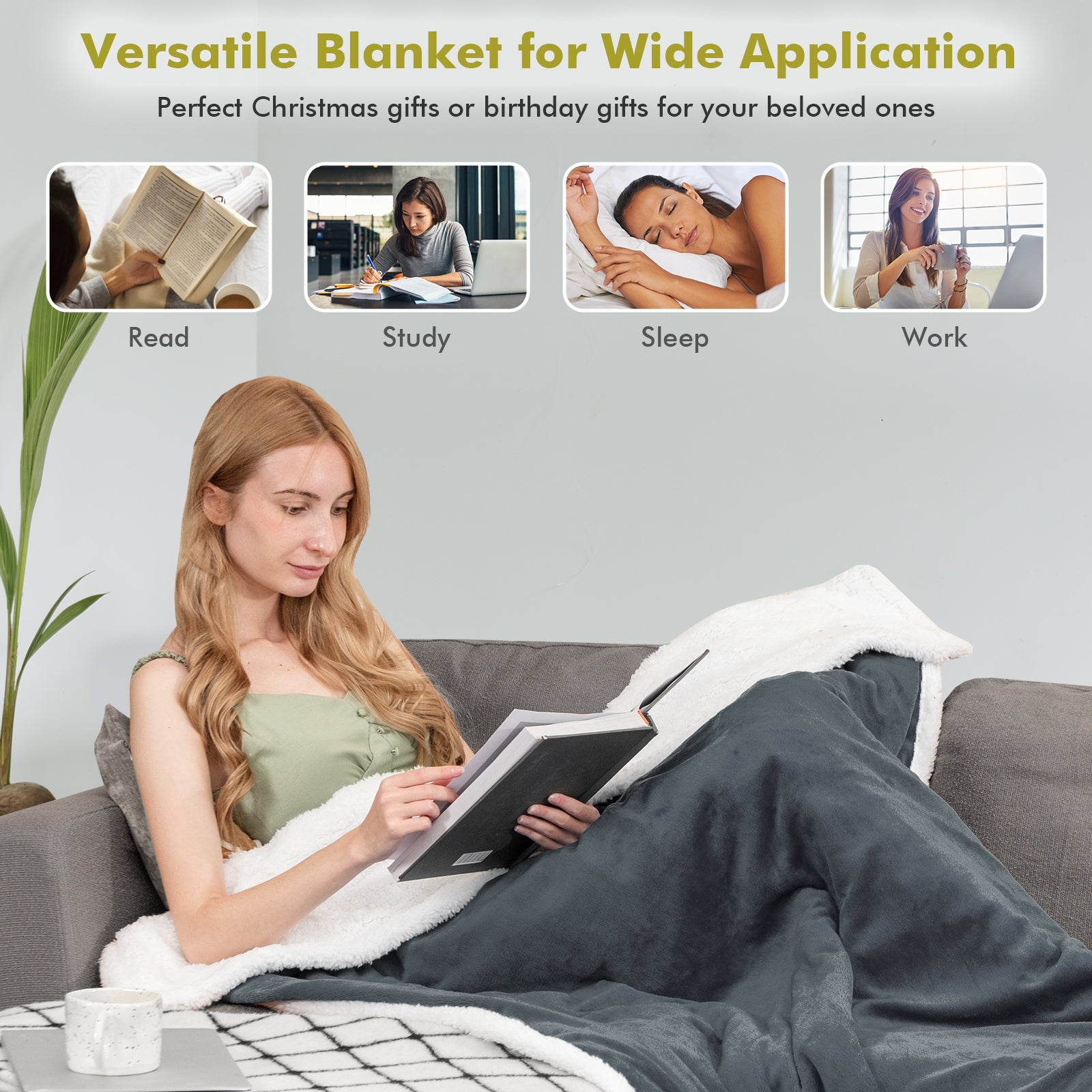 Electric Heated Blanket Throw Reversible Flannel and Sherpa Blanket, Gray Bedding   at Gallery Canada