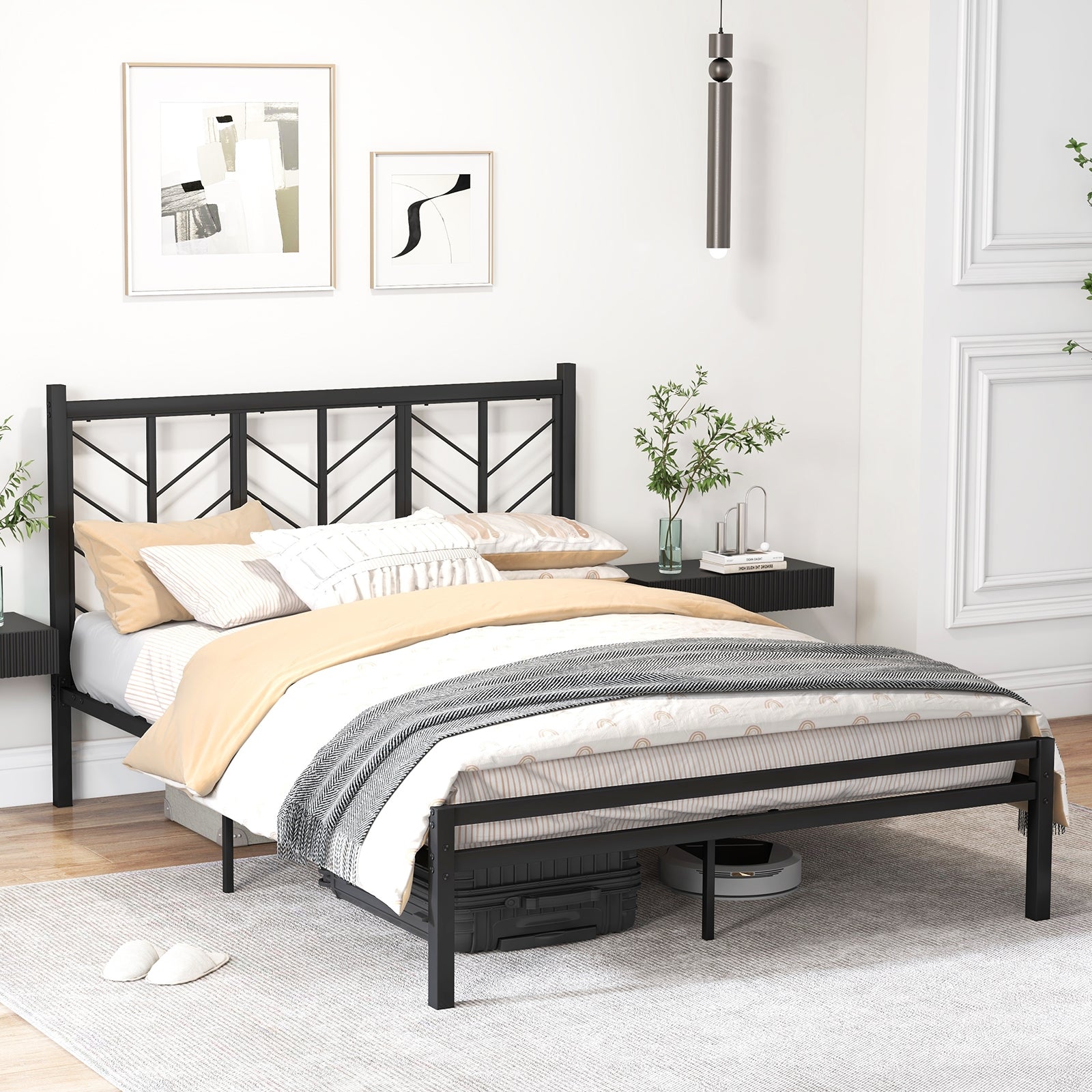 Queen Size Platform Bed with Headboard and Metal Frame-Queen Size, Black Simple Bed Frame   at Gallery Canada