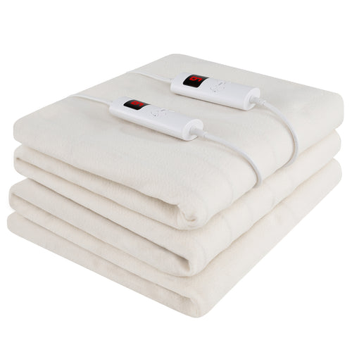 Machine Washable Electric Bed Warmer with Dual Controller 9 Heat Setting and 9-Hour Auto Off and Overheat Protection-Queen Size, White