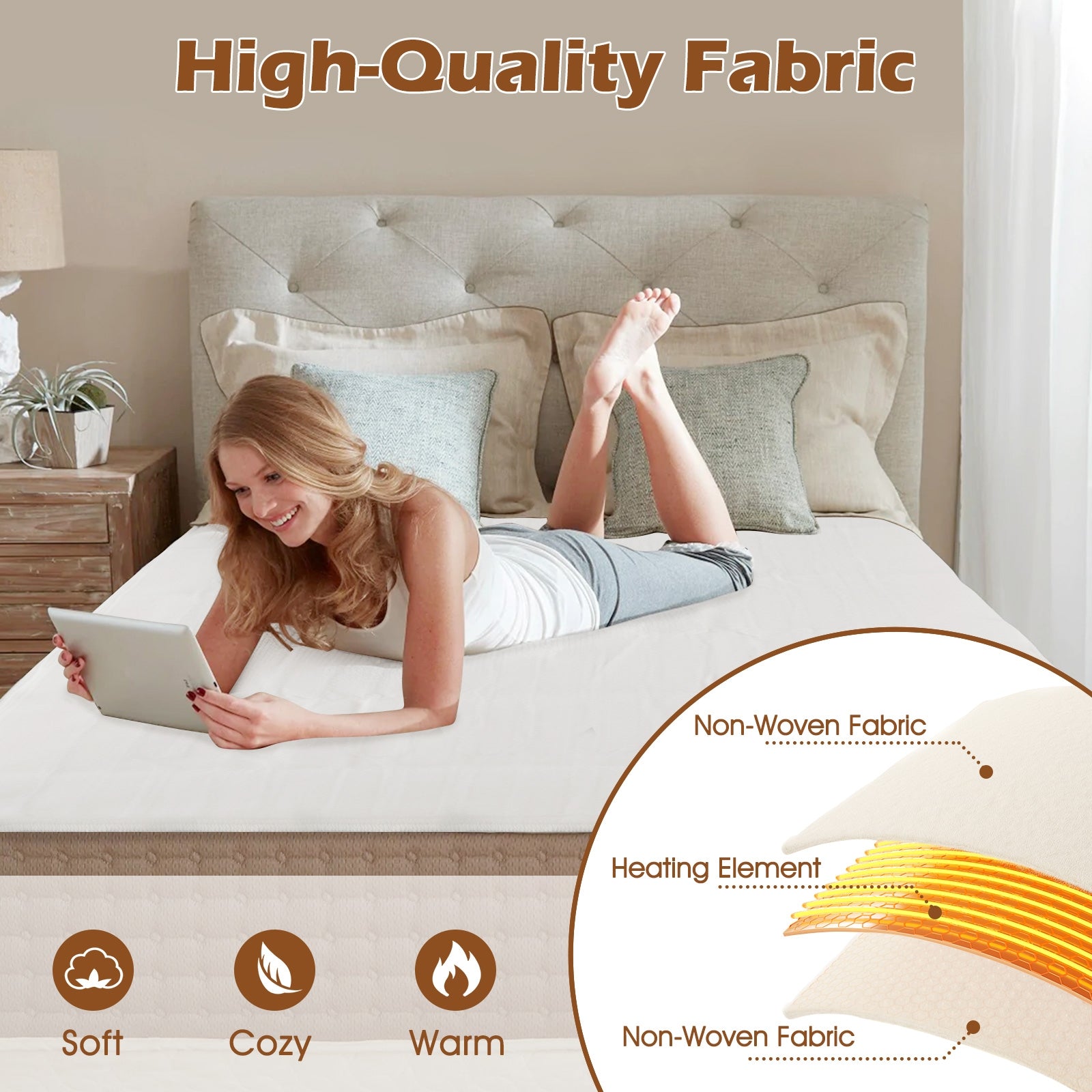 Machine Washable Electric Bed Warmer with Dual Controller 9 Heat Setting and 9-Hour Auto Off and Overheat Protection-Queen Size, White Bedding at Gallery Canada