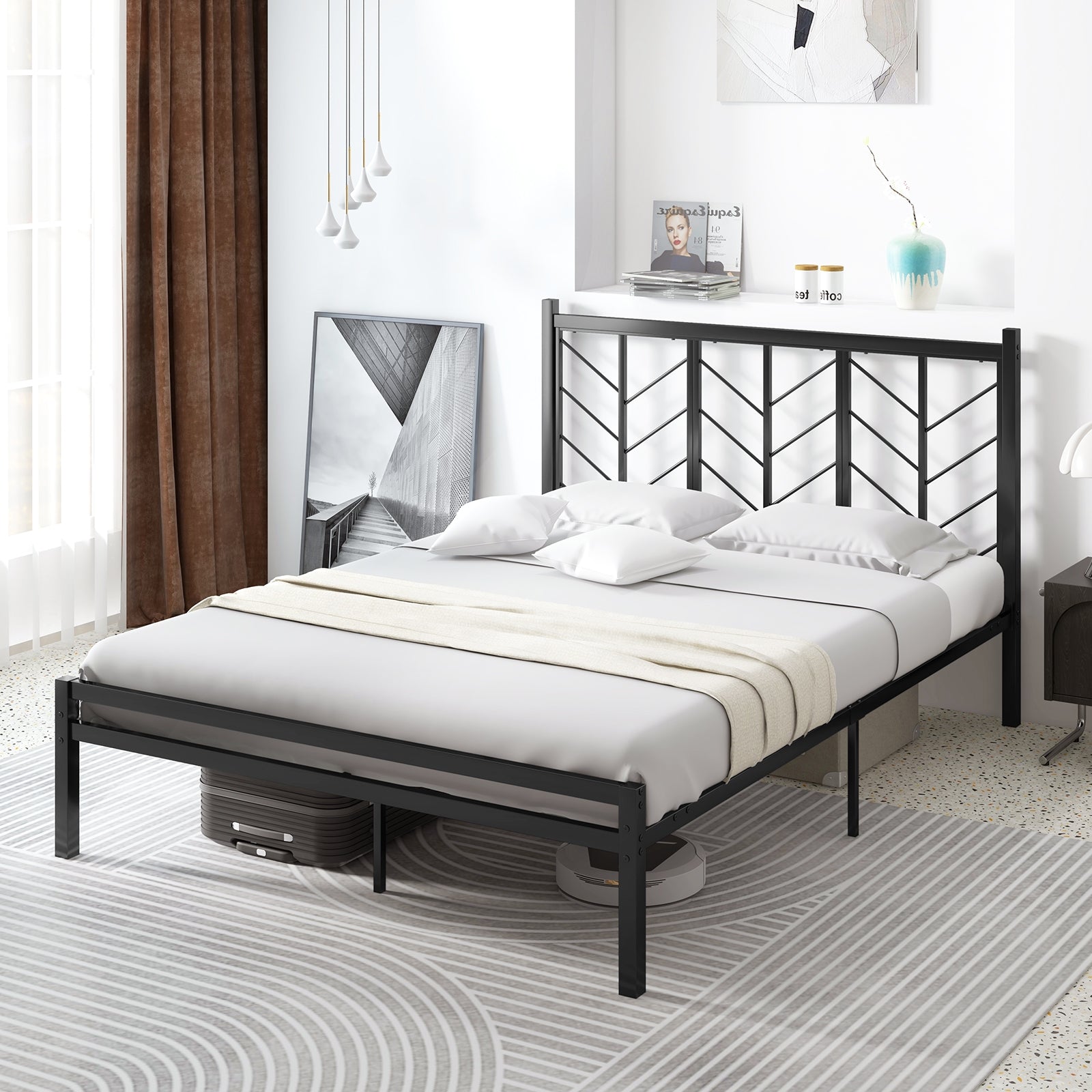 Queen Size Platform Bed with Headboard and Metal Frame-Queen Size, Black Simple Bed Frame   at Gallery Canada